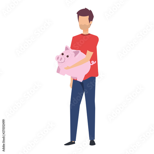 young man lifting piggy savings character