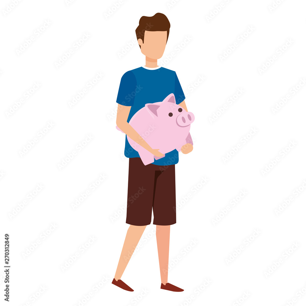young man lifting piggy savings character
