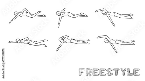 Swimming Pool Style Freestyle Motion Sequence Woman Animation Set Black and White