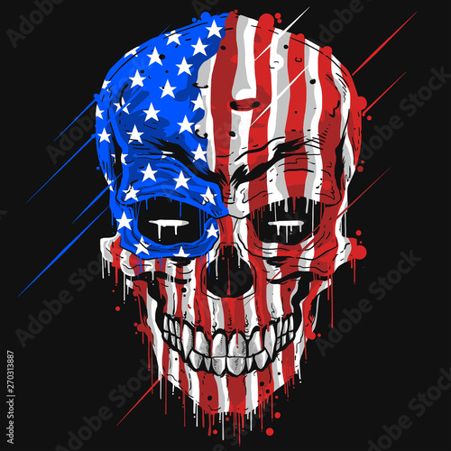 SKULL HEAD AMERICA FLAG . USA COLOR WITH GRUNGE EDITABLE LAYERS VECTOR