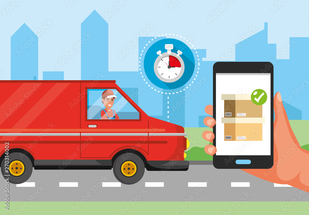 man in the van transport and hand with smartphone delivery service