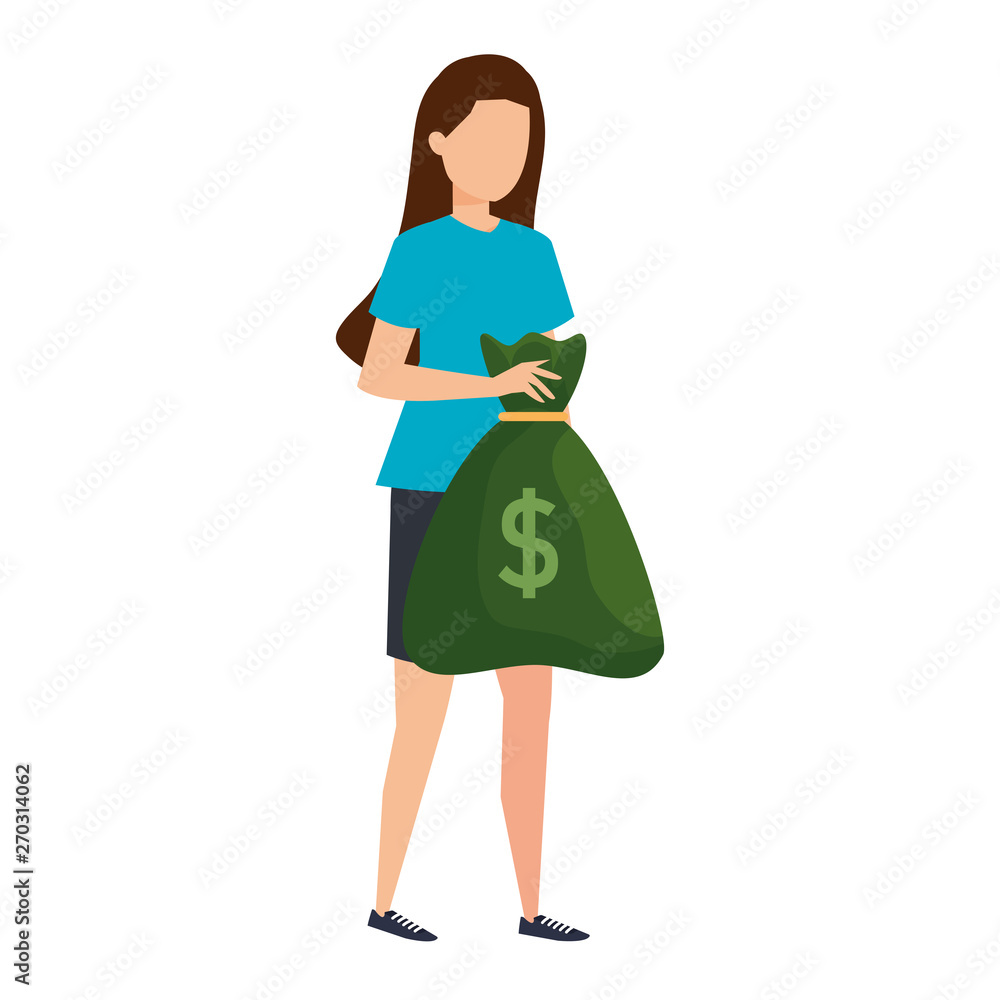 young woman lifting money bag