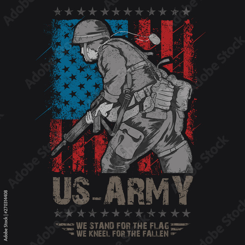 US ARMY. UNITED STATES SOLDIER WITH WEAPON AND USA FLAG VECTOR EDITABLE LAYERS