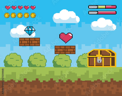 videogame scene with life heart and coins bars