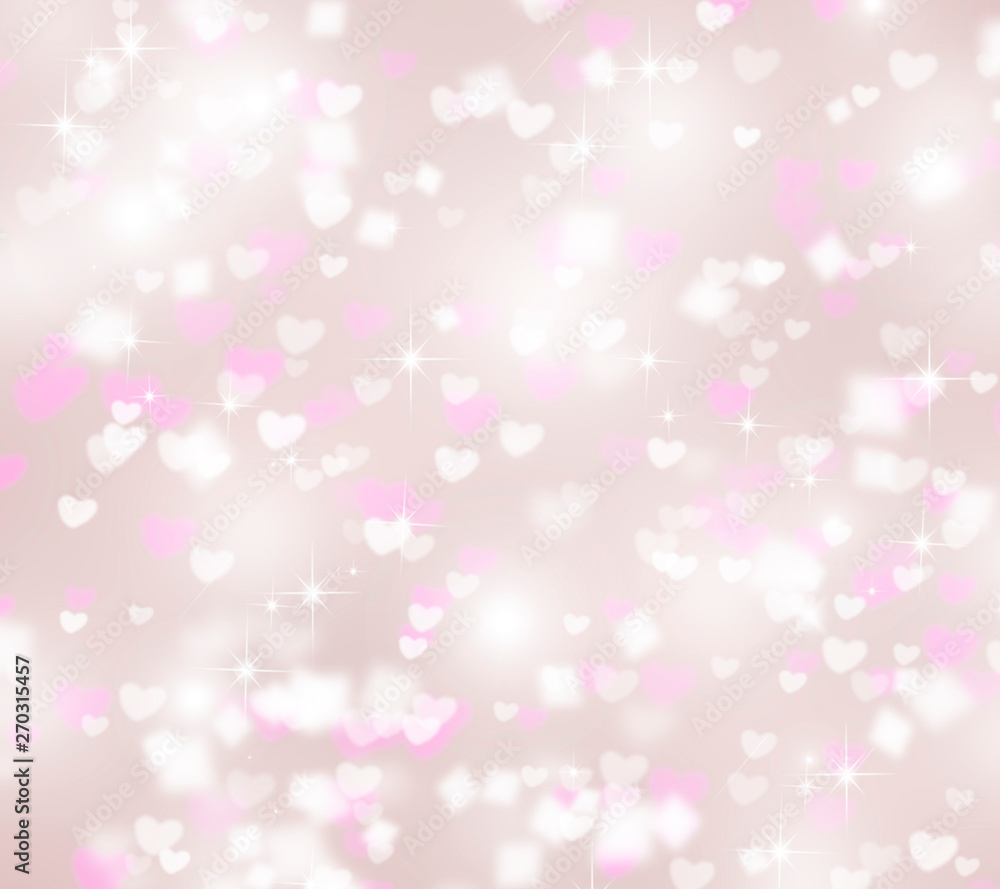 Light gray bokeh background with hearts, for Valentine's day, glitter