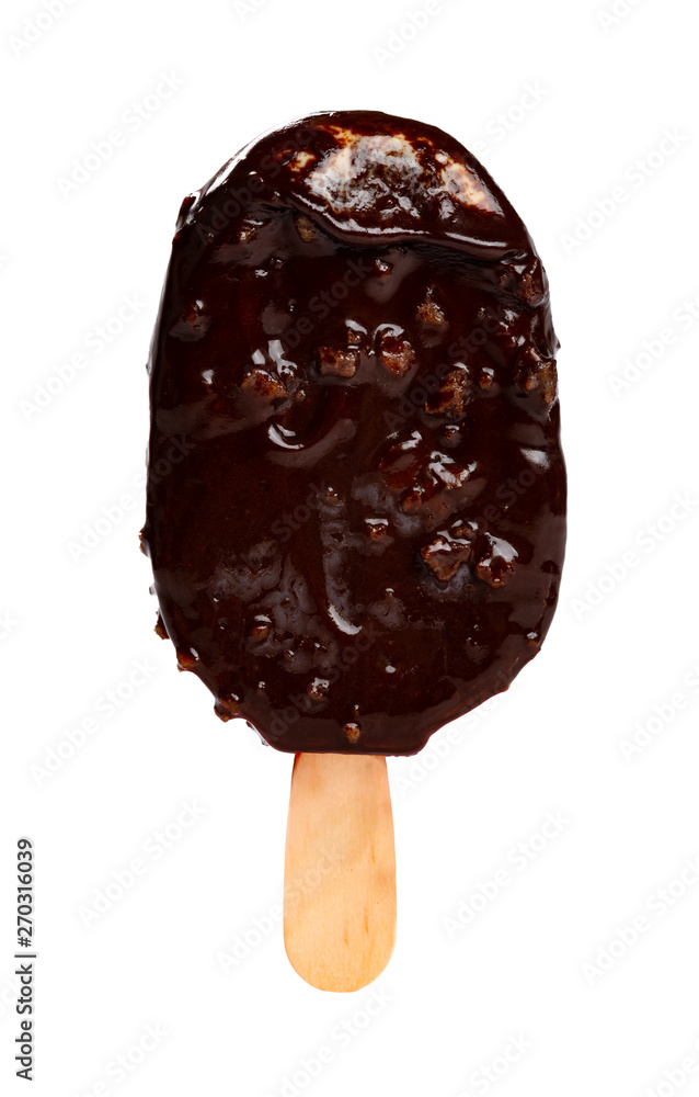 chocolate outer popsicle starts melting on a white background chocolate outer popsicle starts melting on a white background