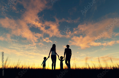 Family walking together at sunset 3d rendering