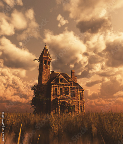 Haunted manor in grass field,3d rendering
