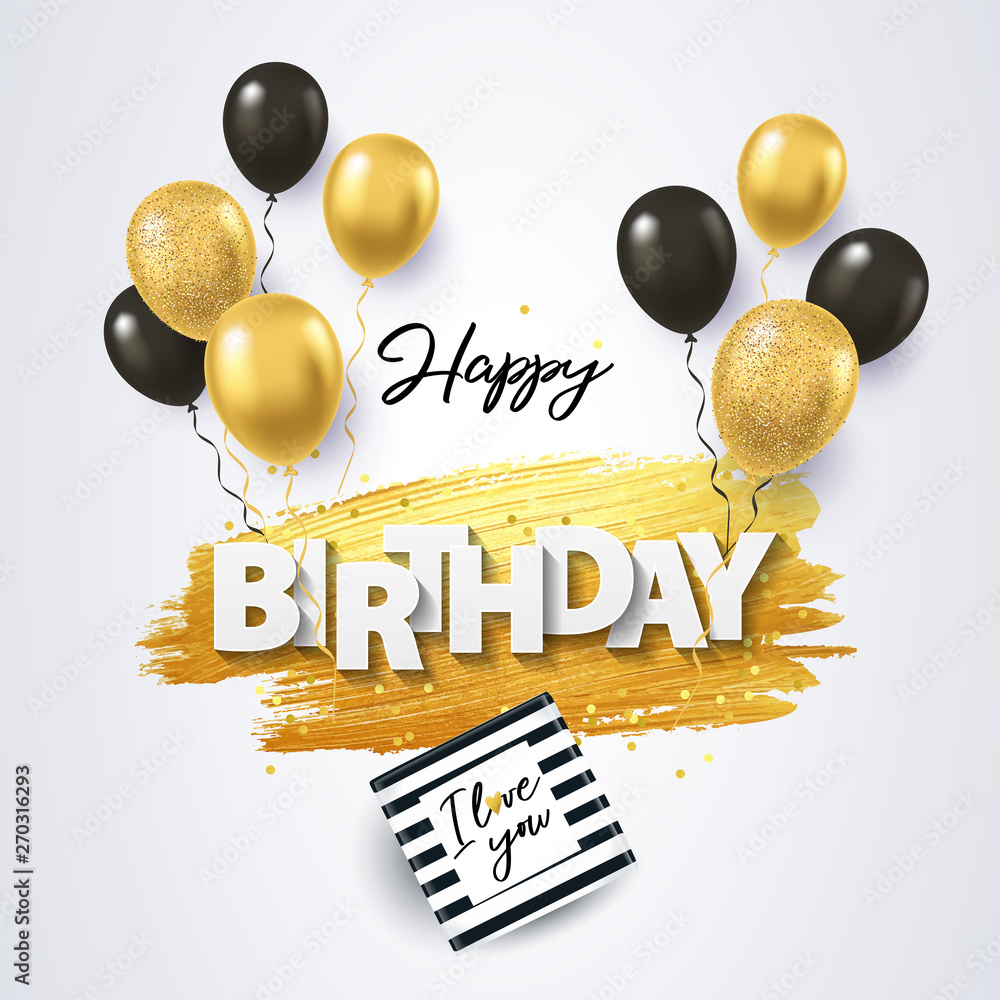 Happy Birthday card. Holiday illustration with gift box, black and gold  balloons, confetti and texture of golden brush strokes on a white  background. Birthday day poster design, social and fashion ads Stock