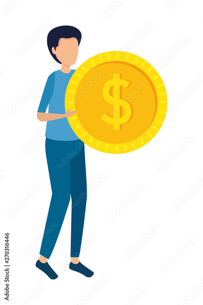young man lifting coin money dollar young man lifting coin money dollar
