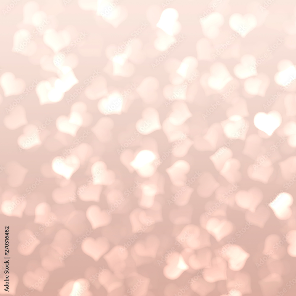 Beige blurred bokeh background with pink hearts, love, Valentine day, wedding, romance, gradient, white