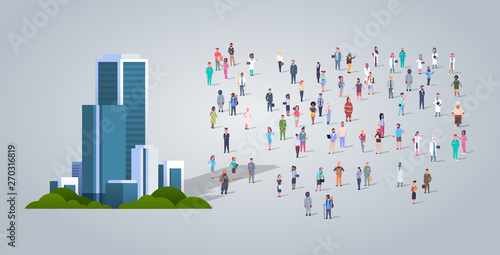 people group near modern office business center different occupation employees mix race workers crowd city skyscraper concept horizontal full length flat