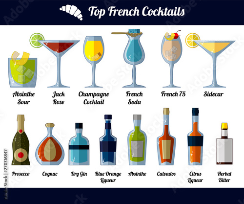 French cocktails and ingredients. Isolated objects on white background