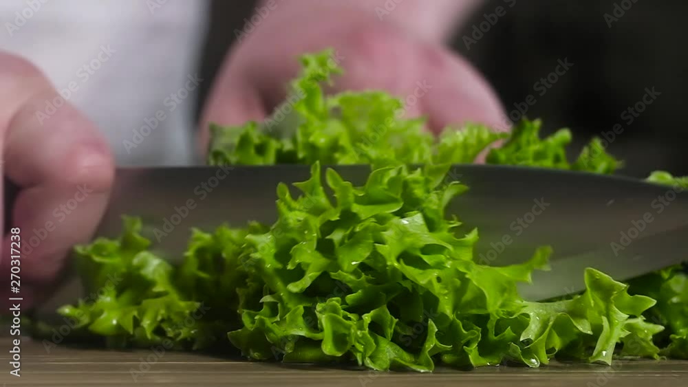 chef's cutting knife wet fresh green salad. Food preparation. Slow motion chef's cutting knife wet fresh green salad. Food preparation. Slow motion