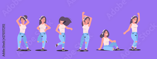 young women group in casual clothes standing different poses smiling female cartoon characters girls posing on violet background flat full length horizonatal