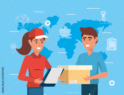 delivery woman with check list and man with his box