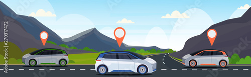 automobile with location pin on road online ordering taxi car sharing concept mobile transportation carsharing service mountains landscape background flat horizontal