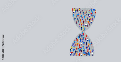 big crowd of businesspeople in hourglass shape business people standing together deadline time management concept horizontal