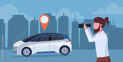 casual man looking through binoculars searching automobile with location pin rent car sharing concept transportation carsharing service night cityscape background horizontal portrait