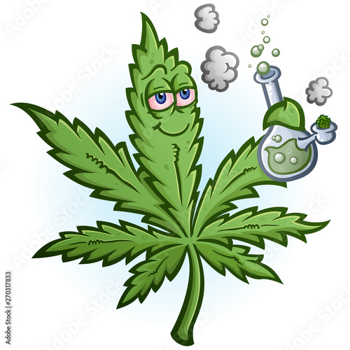 A cheerful pot cartoon character getting high and smoking a glass water bong with a packed bowl