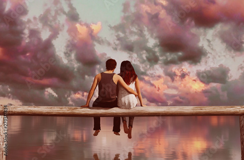 Couple sitting on wooden fence with colorful sky background,3d rendering photo