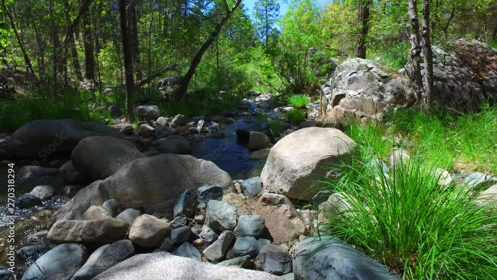 Creek with water running over boulder on a clear day in the forest. Creek with water running over boulder on a clear day in the forest.