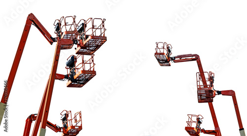 Orange articulated boom lift. Aerial platform lift. Telescopic boom lift isolated on white background. Mobile construction crane for rent and sale. Maintenance and repair hydraulic boom lift service.