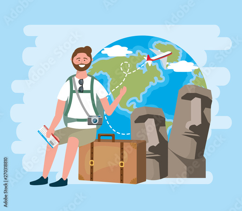 man sitting in the baggage with backpack and ticket