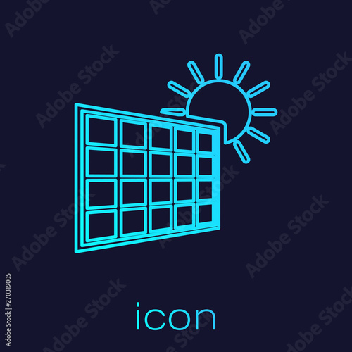 Turquoise Solar energy panel and sun line icon isolated on blue background. Vector Illustration