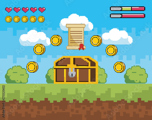 videogame scene with coffer and letter with coins