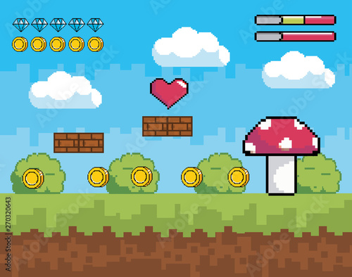 videogame scene with pixelated fungus with bushes and life bars