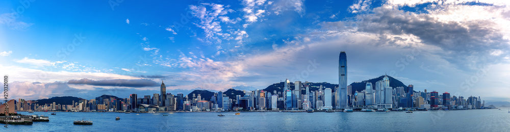 Hong Kong skyscraper panorama from across Victoria Harbor