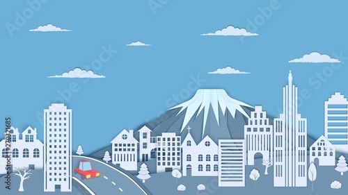 Cityscape in paper cut style. Mountain, forest landscape, skyscraper and 3d red car paper craft for concept design. Vector card illustration.