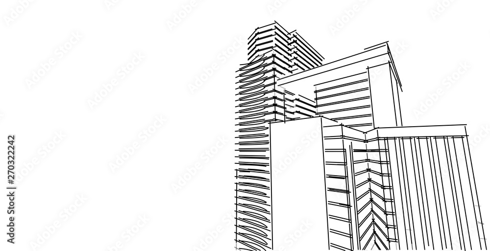 3D illustration architecture building perspective lines. 3D illustration architecture building perspective lines.