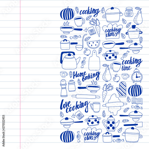 Vector set of children's kitchen and cooking drawings icons in doodle style. Painted, drawn with a pen, on a sheet of checkered paper on a white background.
