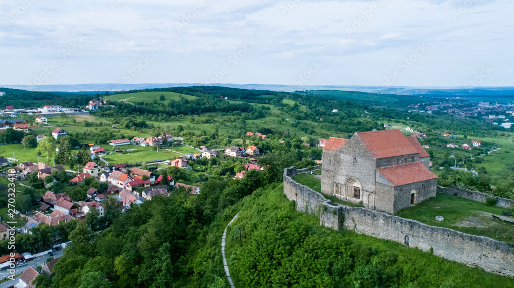 Aerial drone shoot of old fortified citadel church in Sibiu 