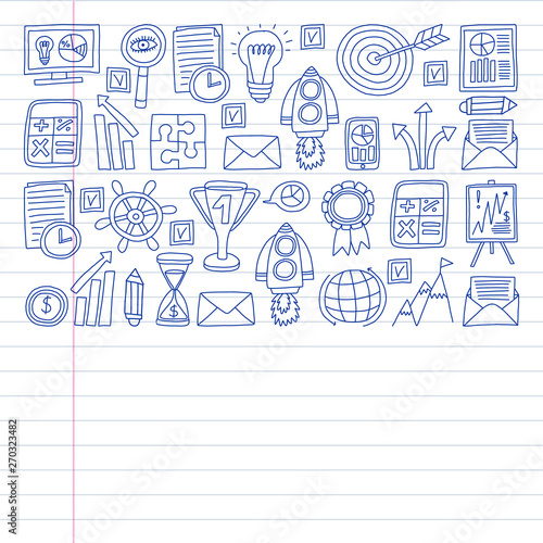 Vector set of bussines icons in doodle style. painted by penon a piece of paper in line.