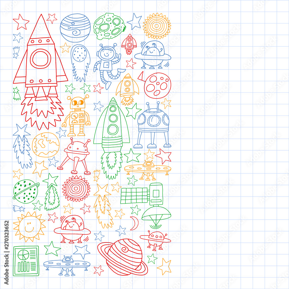 Fototapeta premium Vector set of space elements icons in doodle style. Painted, colorful, pictures on a sheet of checkered paper on a white background.