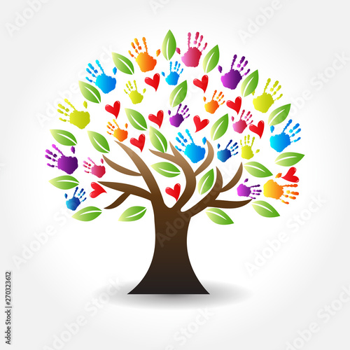 Logo tree hands and hearts vector icon