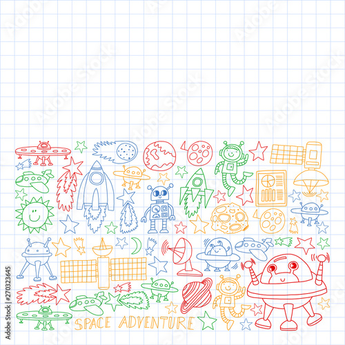 Vector set of space elements icons in doodle style. Painted, colorful, pictures on a sheet of checkered paper on a white background.