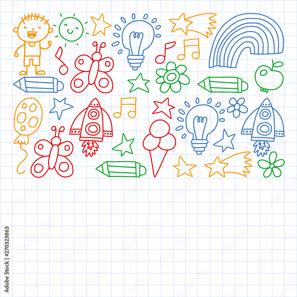 Children garden, Patern, Hand drawn children garden elements pattern, doodle illustration, Vector, illustration,