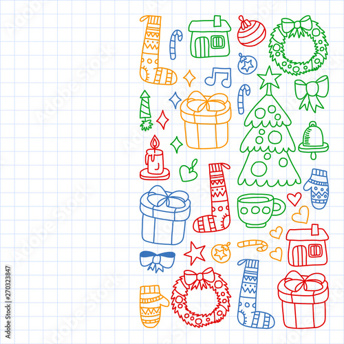 Vector set of Christmas, holiday winter days 2019, 2020, vector illustration. New Year's pattern, children's drawings with a teacher icons in doodle style. Painted, colorful, pictures on a sheet of