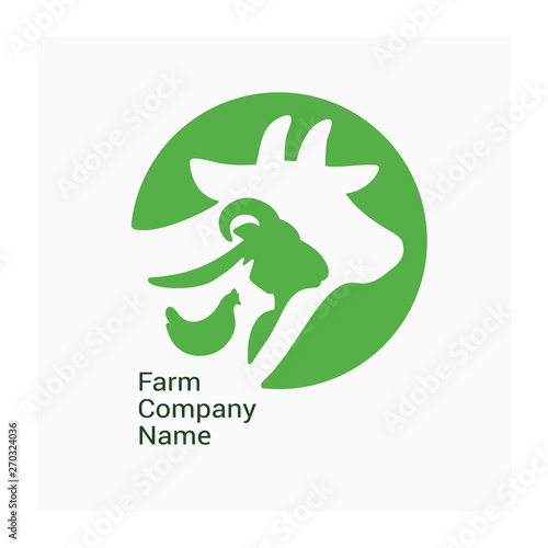 Logo for livestock company, stock raising. Round symbol with cow, pig, ram and chicken. Green sign for ranching. Vector illustration of farm animals. Label for Bio products, farmers fair or market.