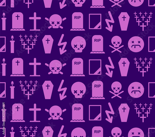 Death pattern seamless. Tombstone and cross background. Cemetery and skull. Candle and mourning frame