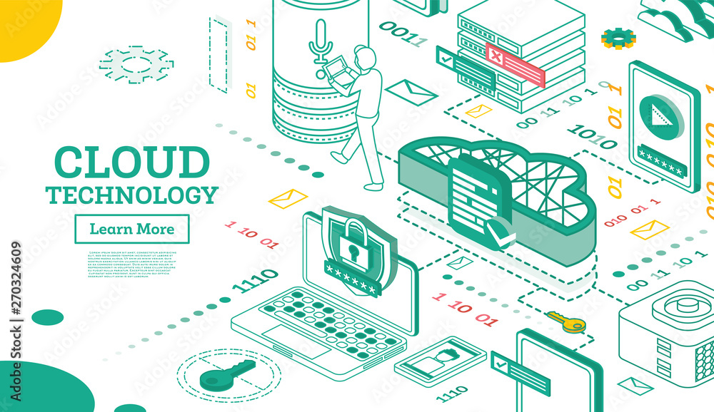 Outline Isometric Cloud Technology Networking Concept.