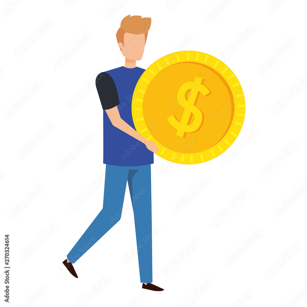 young man lifting coin money dollar young man lifting coin money dollar