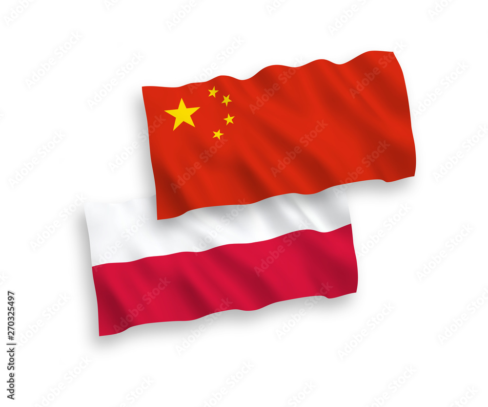 National vector fabric wave flags of Poland and China isolated on white background 1 to 2 proportion. National vector fabric wave flags of Poland and China isolated on white background 1 to 2 proportion.