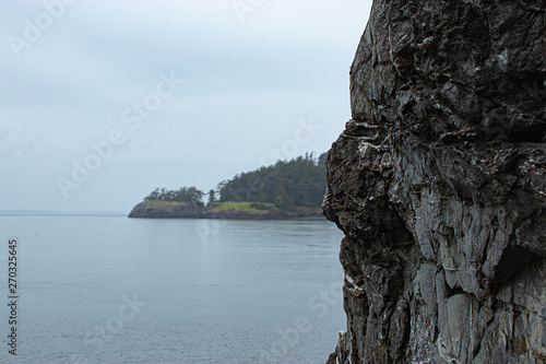 cliffs across a large body of water covered in tall green pine trees