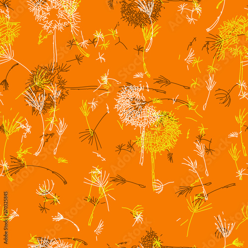 Invigorating hand drawn seamless repeating dandelions  on burnt orange background - Vector. Suitable for use in crafting  decoration  wallpaper  textiles etc.