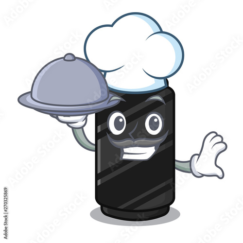 Chef with food black crayon above mascot wood table